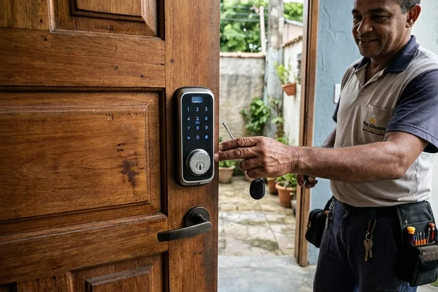 Fechadura digital instalada em uma porta em Santo Antônio de Jesus, mostrando sua funcionalidade e design.